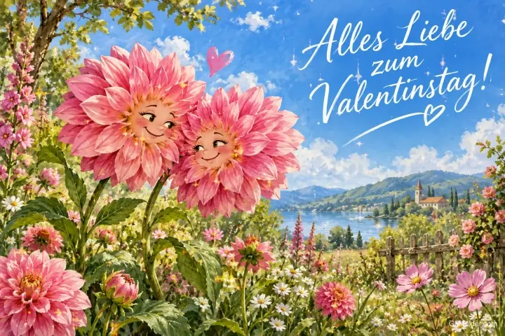 Zwei Dahlien mit Gesichtern in einer Blumenwiese am See, Text: Alles Liebe zum Valentinstag!