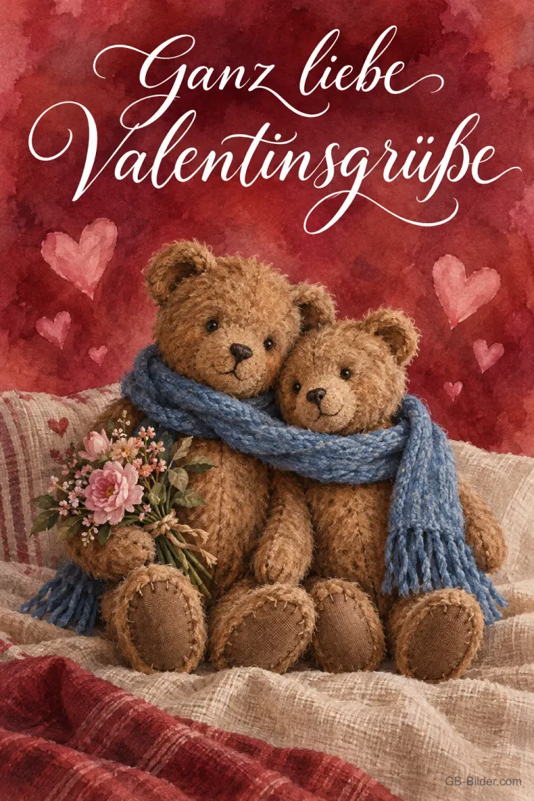 Zwei Teddybären teilen sich einen blauen Schal, Text: Ganz liebe Valentinsgrüße