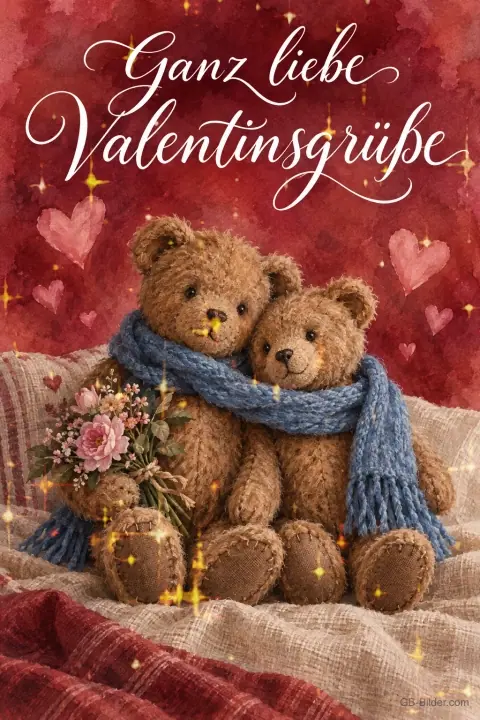 Zwei Teddybären teilen sich einen blauen Schal, Text: Ganz liebe Valentinsgrüße