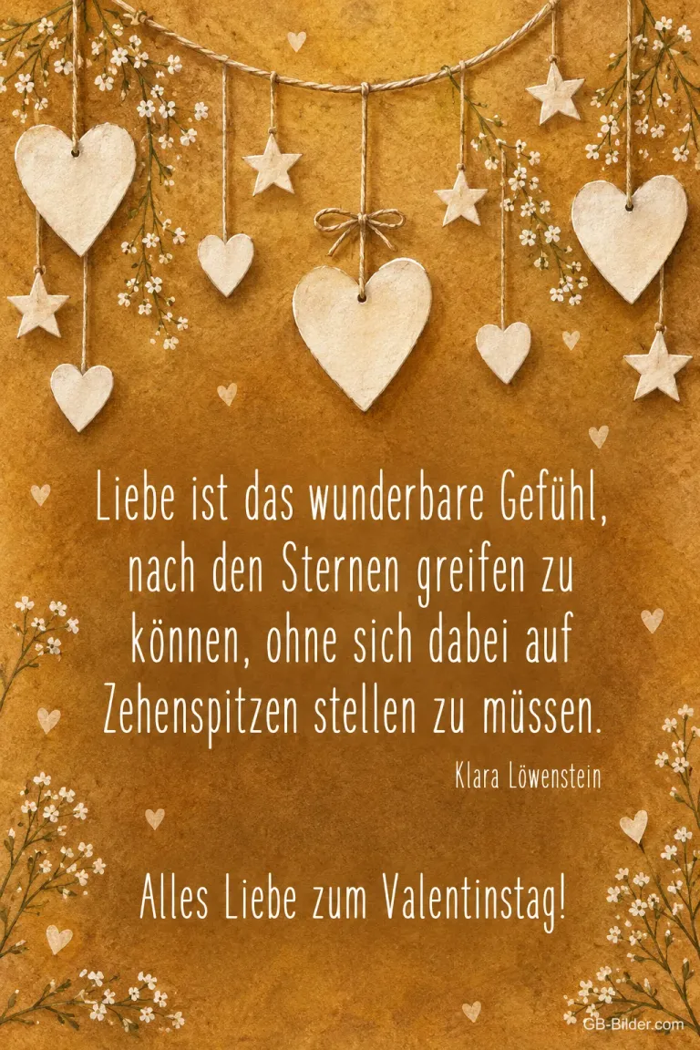 Hängende Holzherzen und Sterne, Text: Liebe ist das wunderbare Gefühl, nach den Sternen greifen zu können, ohne sich dabei auf Zehenspitzen stellen zu müssen. – Klara Löwenstein – Alles Liebe zum Valentinstag!