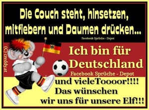 Comic-Bär mit Fußball und deutscher Fahne, Fußball-Motivationssprüche für Deutschland im Hintergrund.