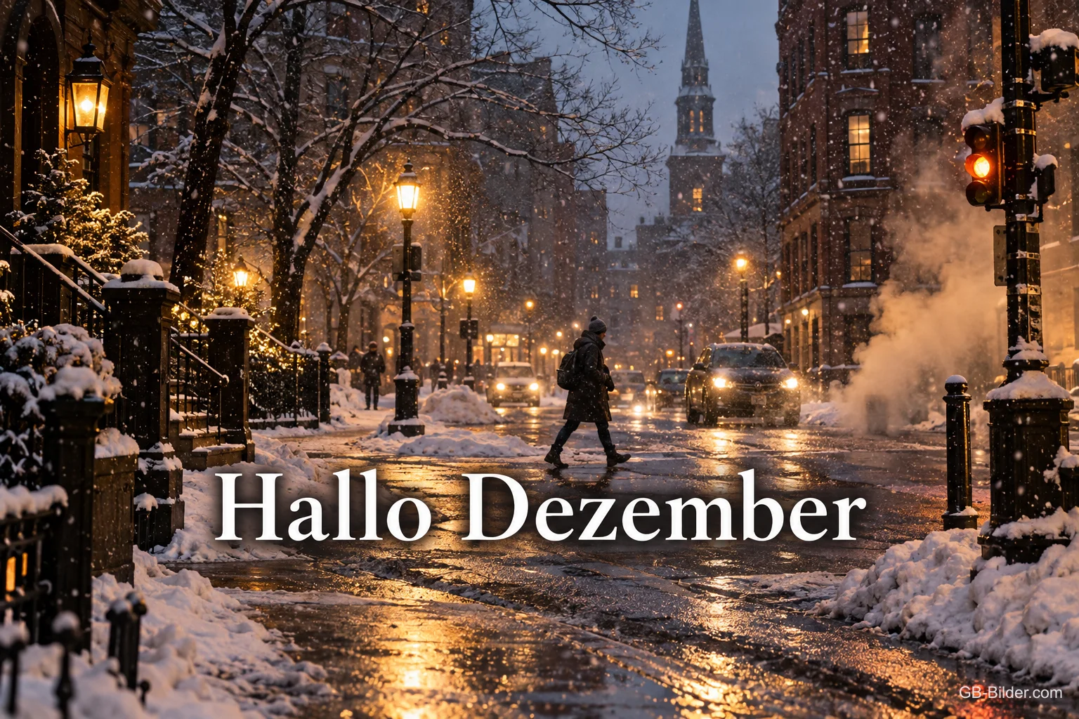 Verschneite Stadtstraße mit Laternen am Abend, Text: Hallo Dezember