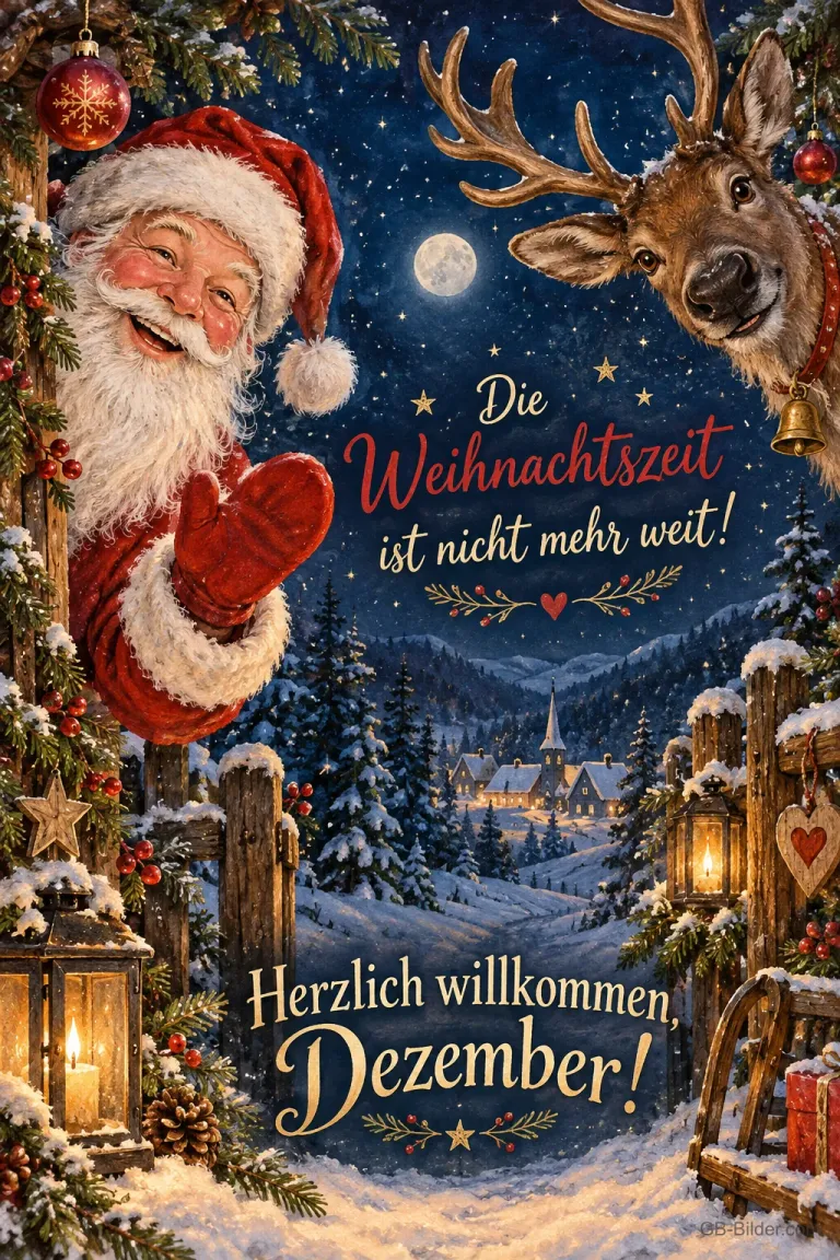 Weihnachtsmann winkt, Rentier schaut über einen Zaun im Winterdorf, Text: Die Weihnachtszeit ist nicht mehr weit! – Herzlich willkommen, Dezember!