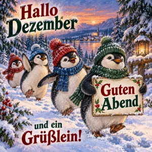 Vier Pinguine mit Mützen und Schals laufen mit einem Schild durch den Schnee, Text: Hallo Dezember – Guten Abend und ein Grüßlein!