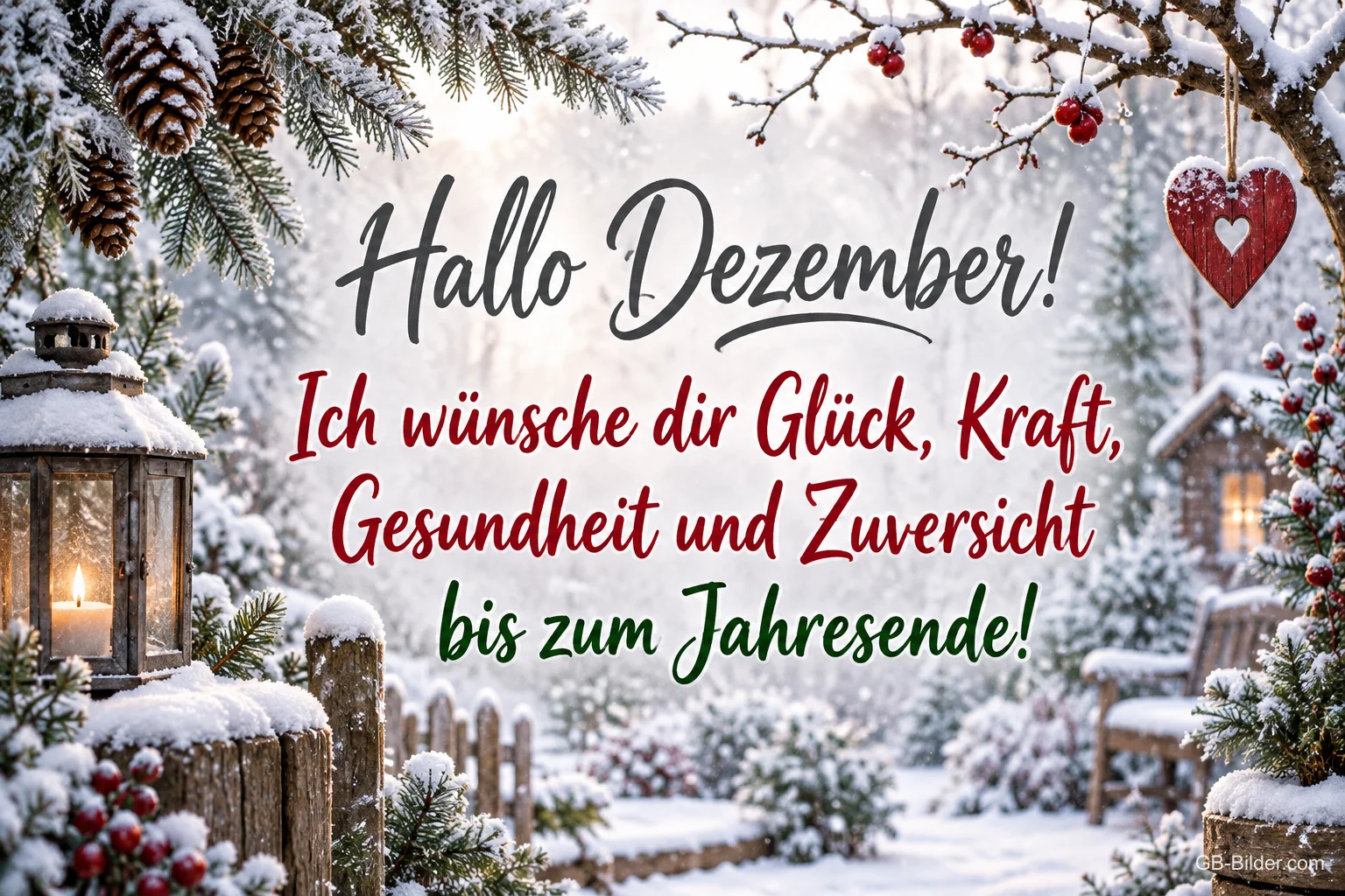 Laterne und Herz in einem verschneiten Garten, Text: Hallo Dezember! – Ich wünsche dir Glück, Kraft, Gesundheit und Zuversicht bis zum Jahresende! Laterne und Herz in einem verschneiten Garten, Text: Hallo Dezember! – Ich wünsche dir Glück, Kraft, Gesundheit und Zuversicht bis zum Jahresende!