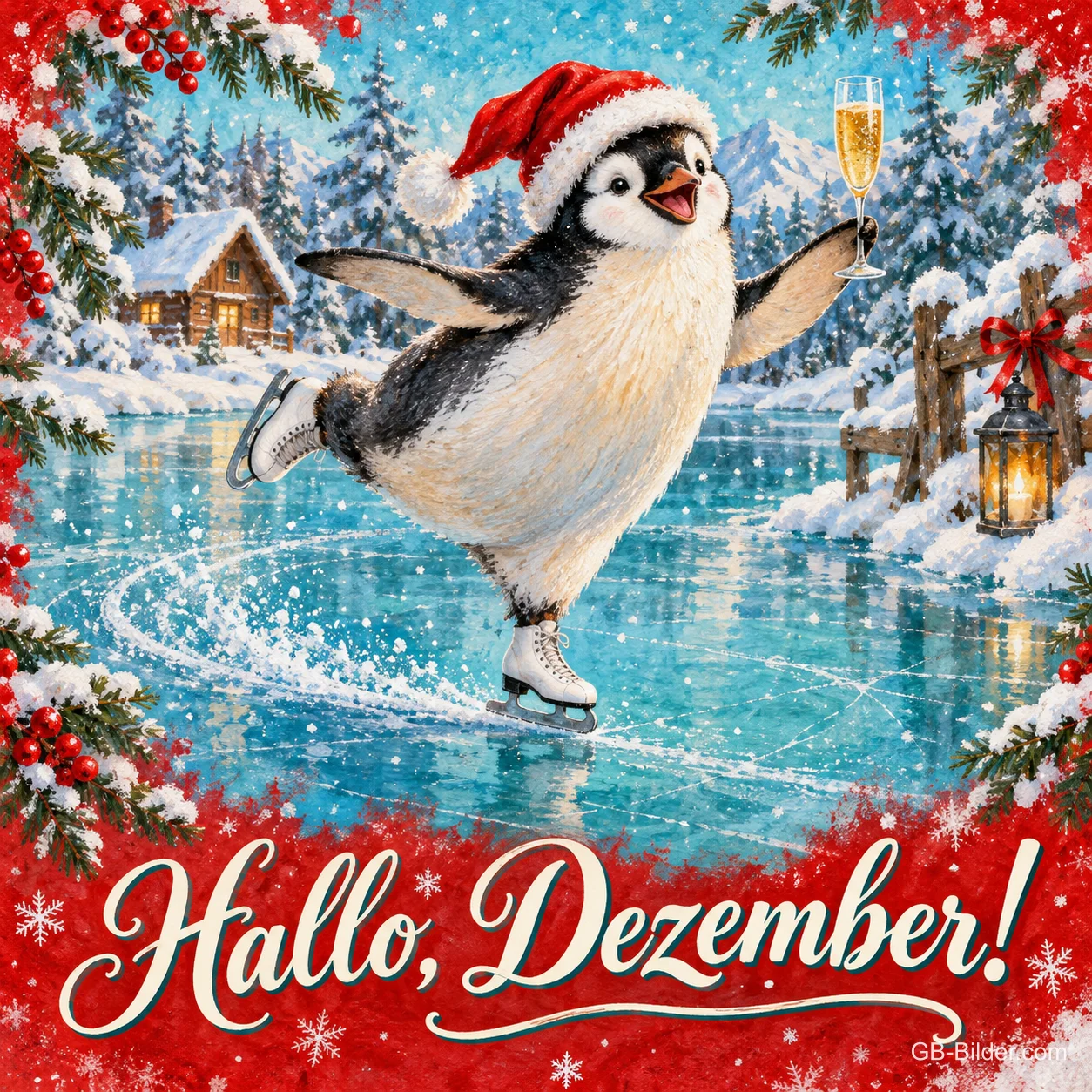 Pinguin mit Weihnachtsmütze läuft mit Sektglas Schlittschuh, Text: Hallo, Dezember!