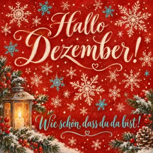 Schneeflocken und Laterne auf rotem Grund, Text: Hallo Dezember! – Wie schön, dass du da bist!
