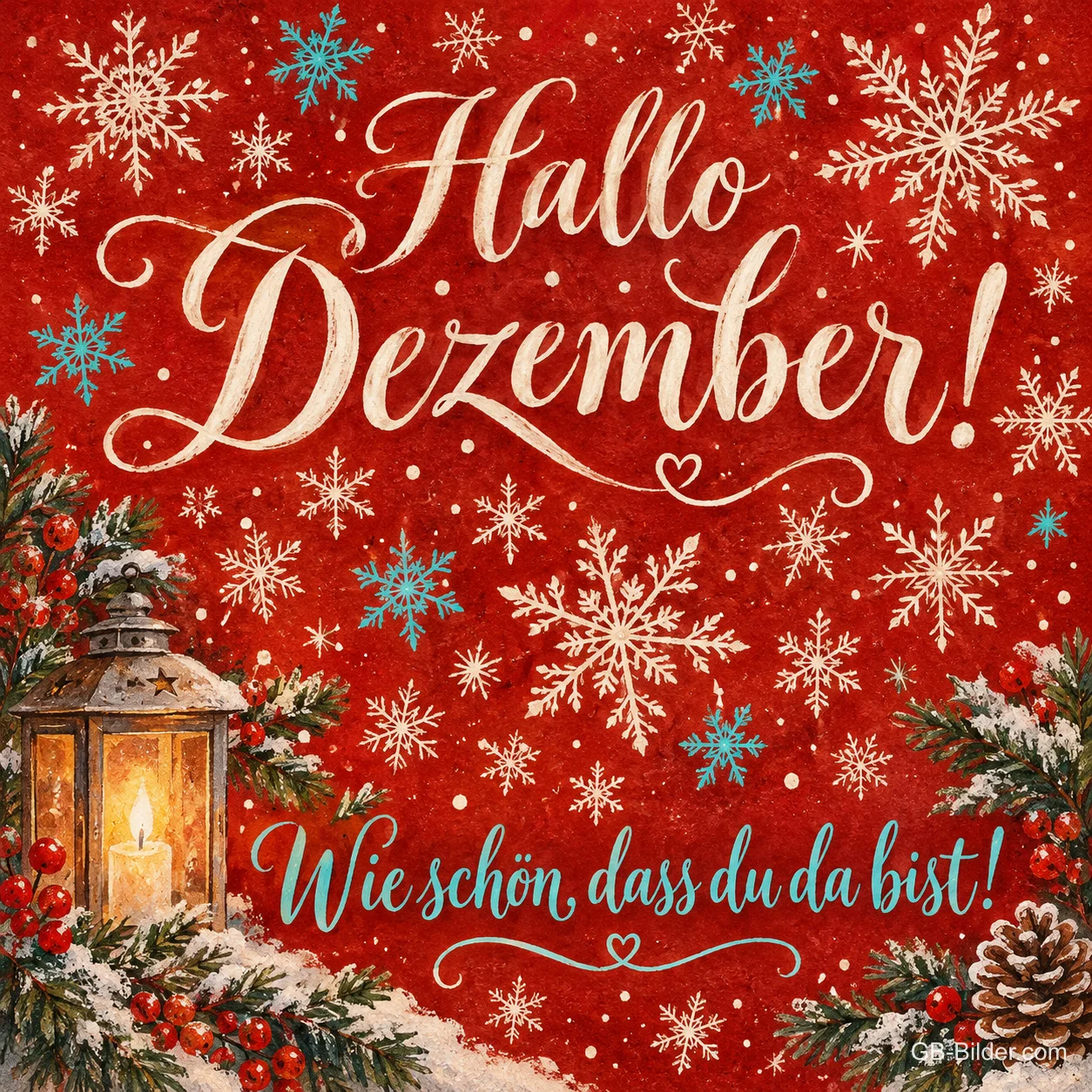 Schneeflocken und Laterne auf rotem Grund, Text: Hallo Dezember! – Wie schön, dass du da bist!