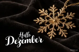 Goldene Schneeflocke auf dunklem Samt, Text: Hallo Dezember