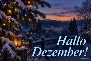 Verschneiter Tannenzweig und Laterne über einem Bergsee, Text: Hallo Dezember!