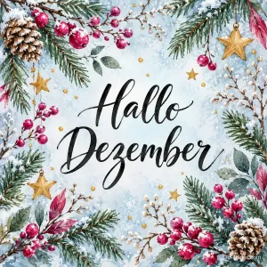 Rahmen aus Tannenzweigen, Beeren, Zapfen und Sternen, Text: Hallo – Dezember