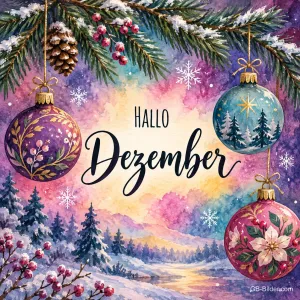 Bemalte Weihnachtskugeln über einer verschneiten Aquarelllandschaft, Text: Hallo – Dezember