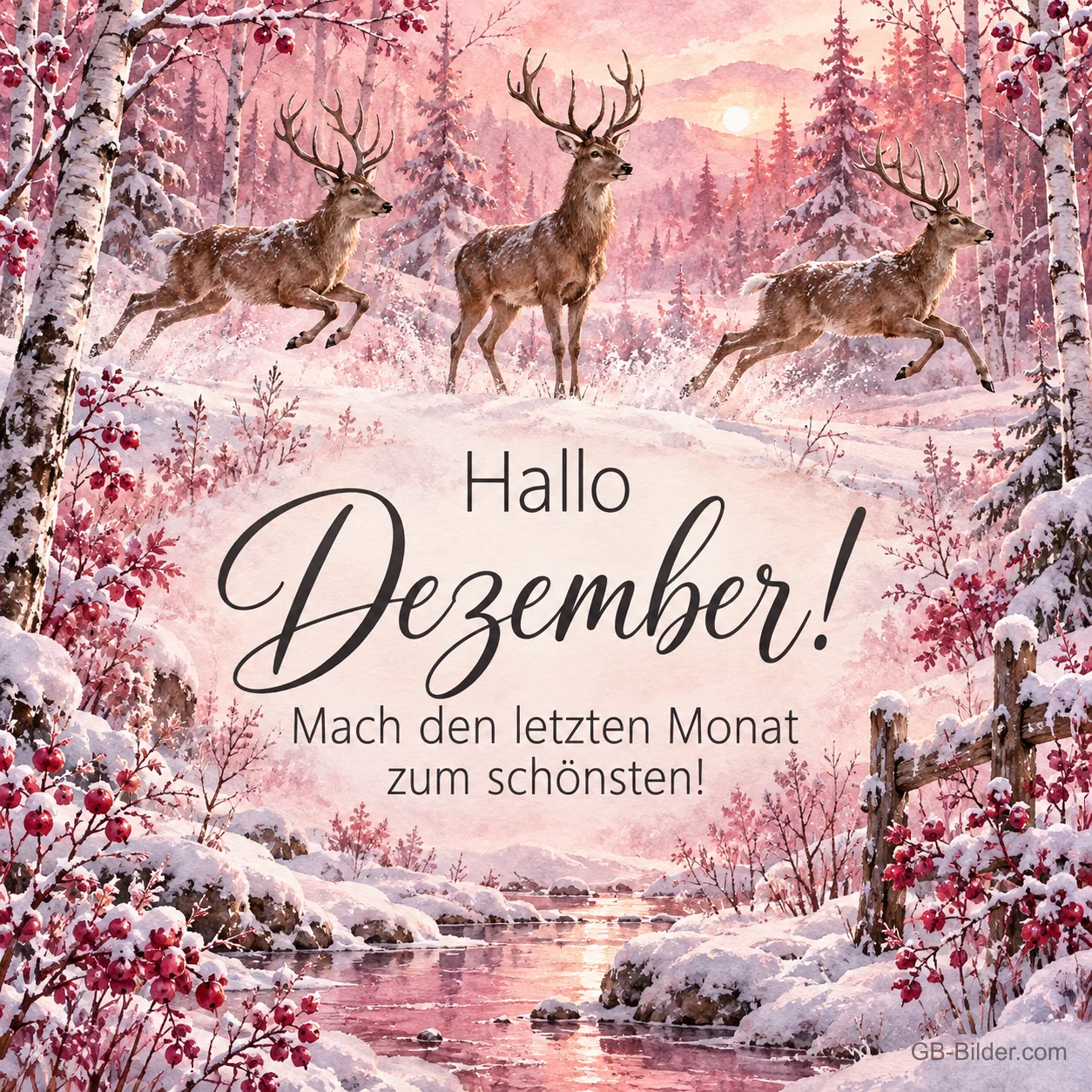 Drei Hirsche springen durch einen rosa verschneiten Winterwald, Text: Hallo Dezember! – Mach den letzten Monat zum schönsten! Drei Hirsche springen durch einen rosa verschneiten Winterwald, Text: Hallo Dezember! – Mach den letzten Monat zum schönsten!