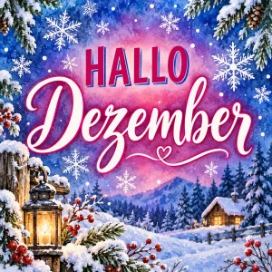 Laterne vor einem verschneiten Dorf unter Schneeflocken, Text: HALLO – Dezember