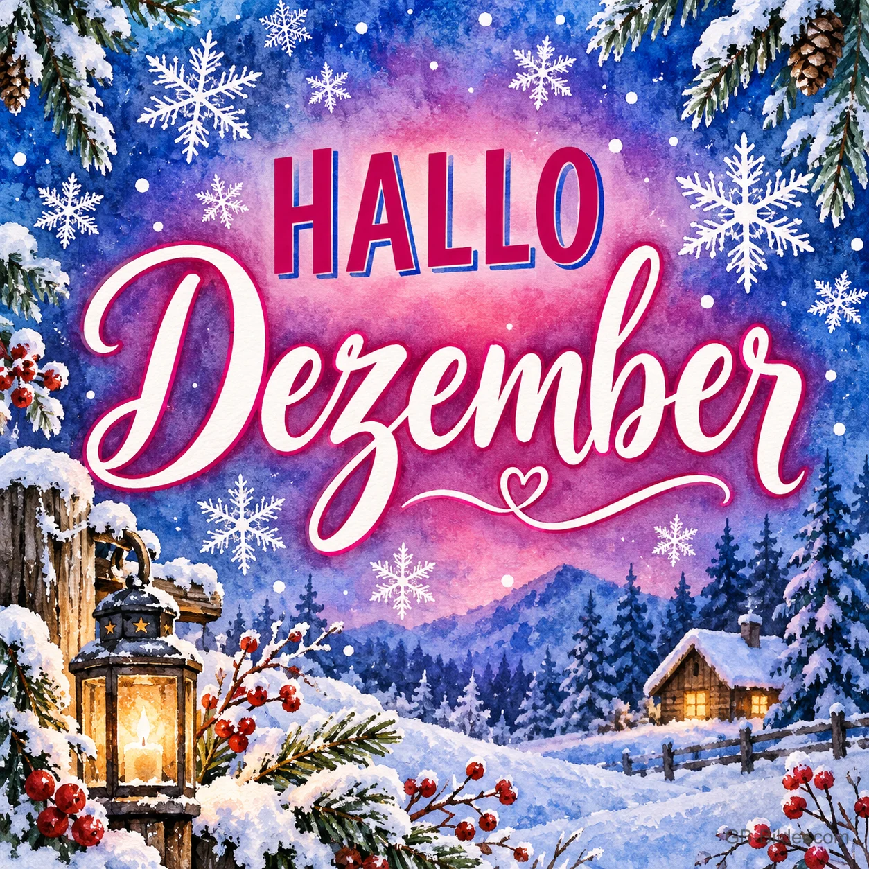 Laterne vor einem verschneiten Dorf unter Schneeflocken, Text: HALLO – Dezember Laterne vor einem verschneiten Dorf unter Schneeflocken, Text: HALLO – Dezember