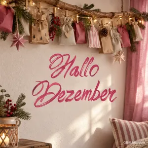 Adventskalender aus Stoffsäckchen an einem Ast über einer Wand, Text: Hallo – Dezember