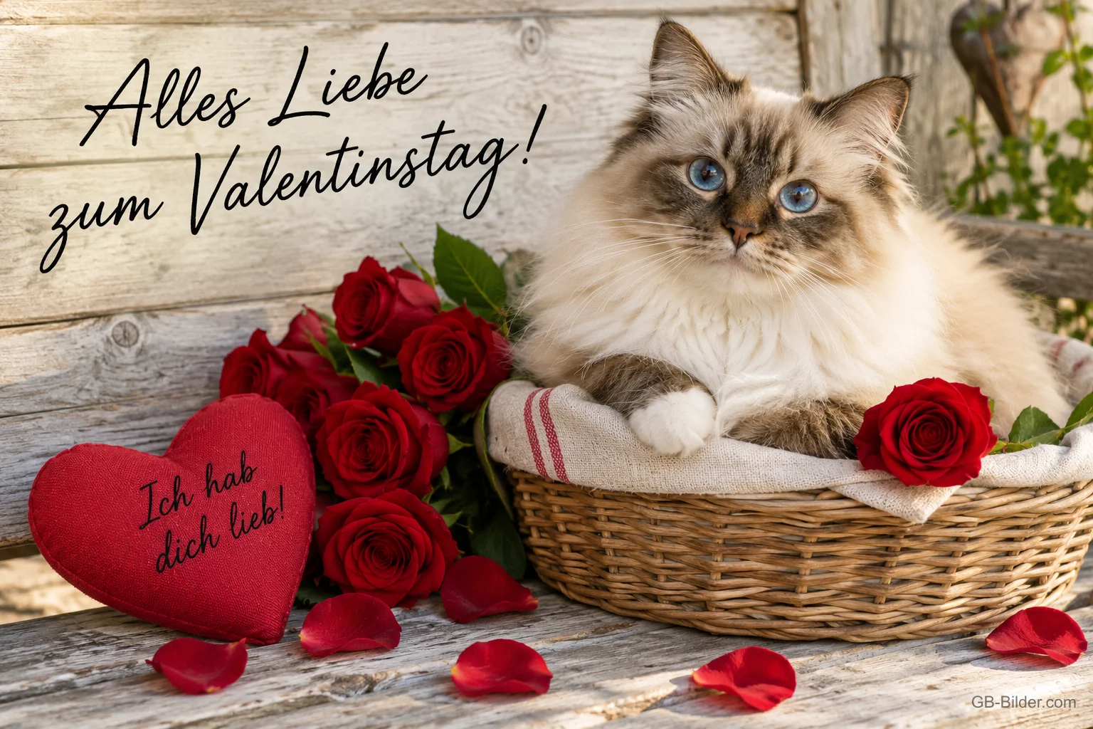 Katze im Korb mit roten Rosen und Herzkissen, Text: Alles Liebe zum Valentinstag!