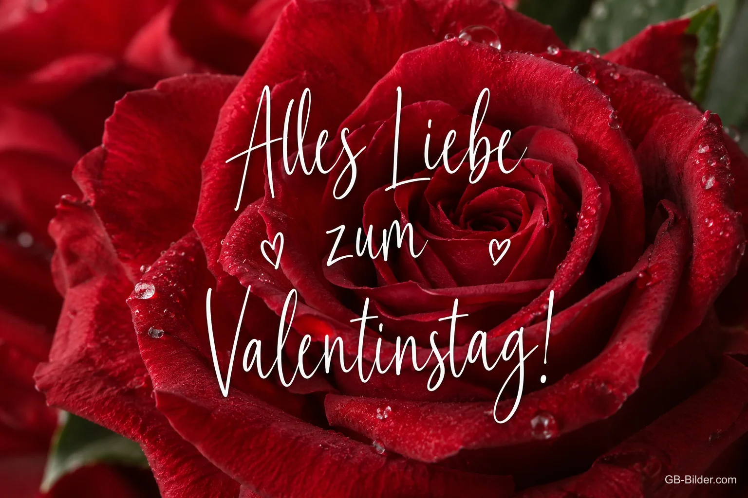 Rote Rose mit Tautropfen, Text: Alles Liebe zum Valentinstag!