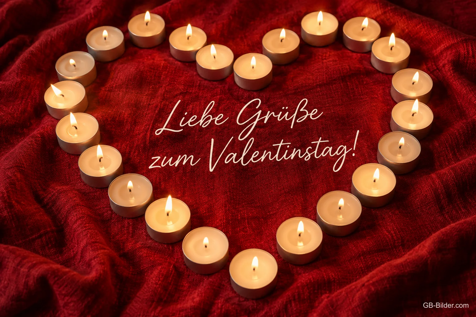 Herz aus brennenden Teelichtern auf rotem Stoff, Text: Liebe Grüße zum Valentinstag!