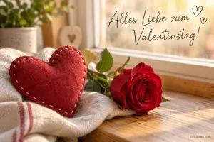 Rotes Stoffherz und Rose auf der Fensterbank, Text: Alles Liebe zum Valentinstag!