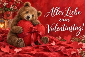 Braunbärjunges umarmt ein rotes Herz, Text: Alles Liebe zum Valentinstag!