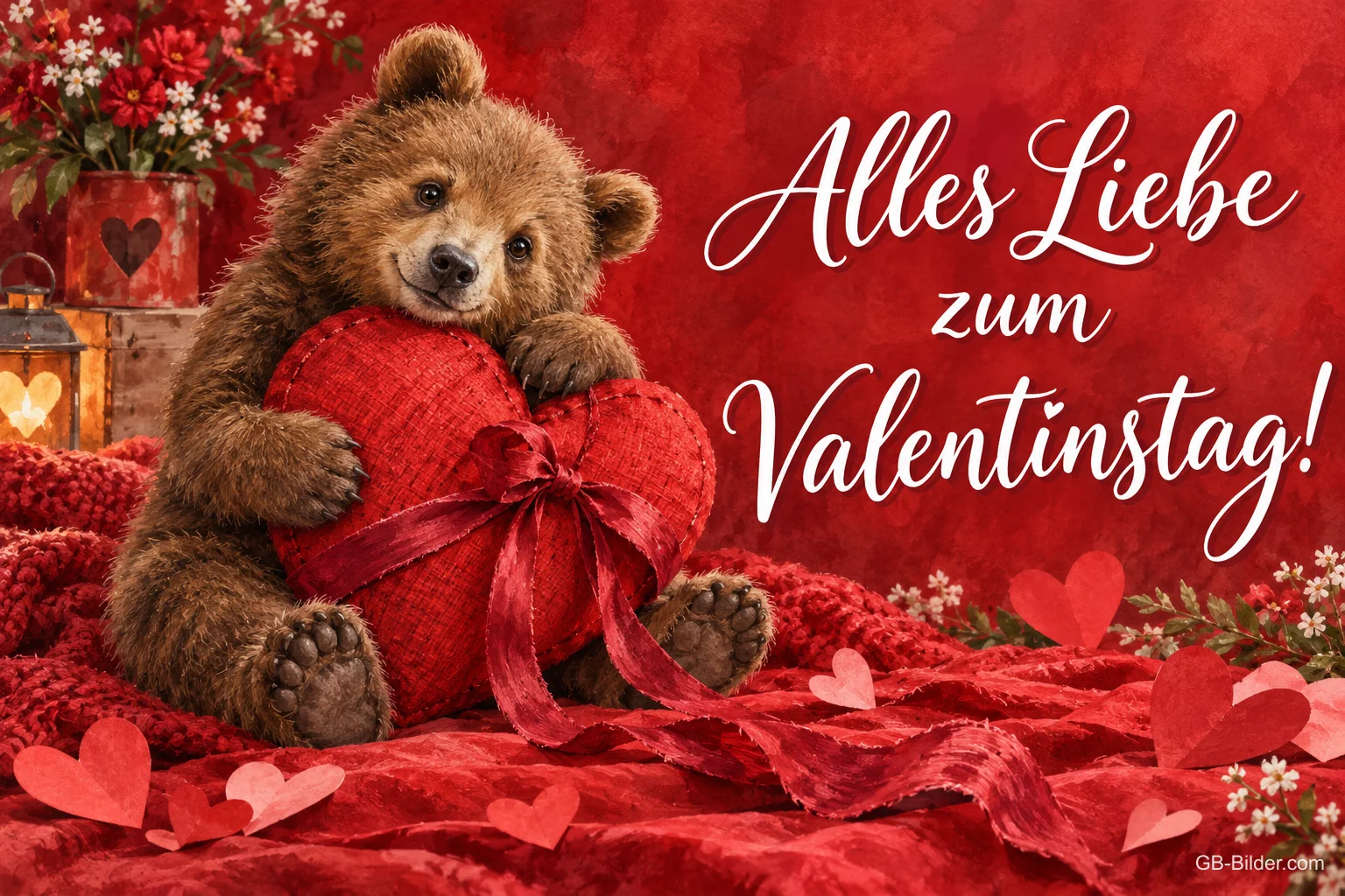 Braunbärjunges umarmt ein rotes Herz, Text: Alles Liebe zum Valentinstag!