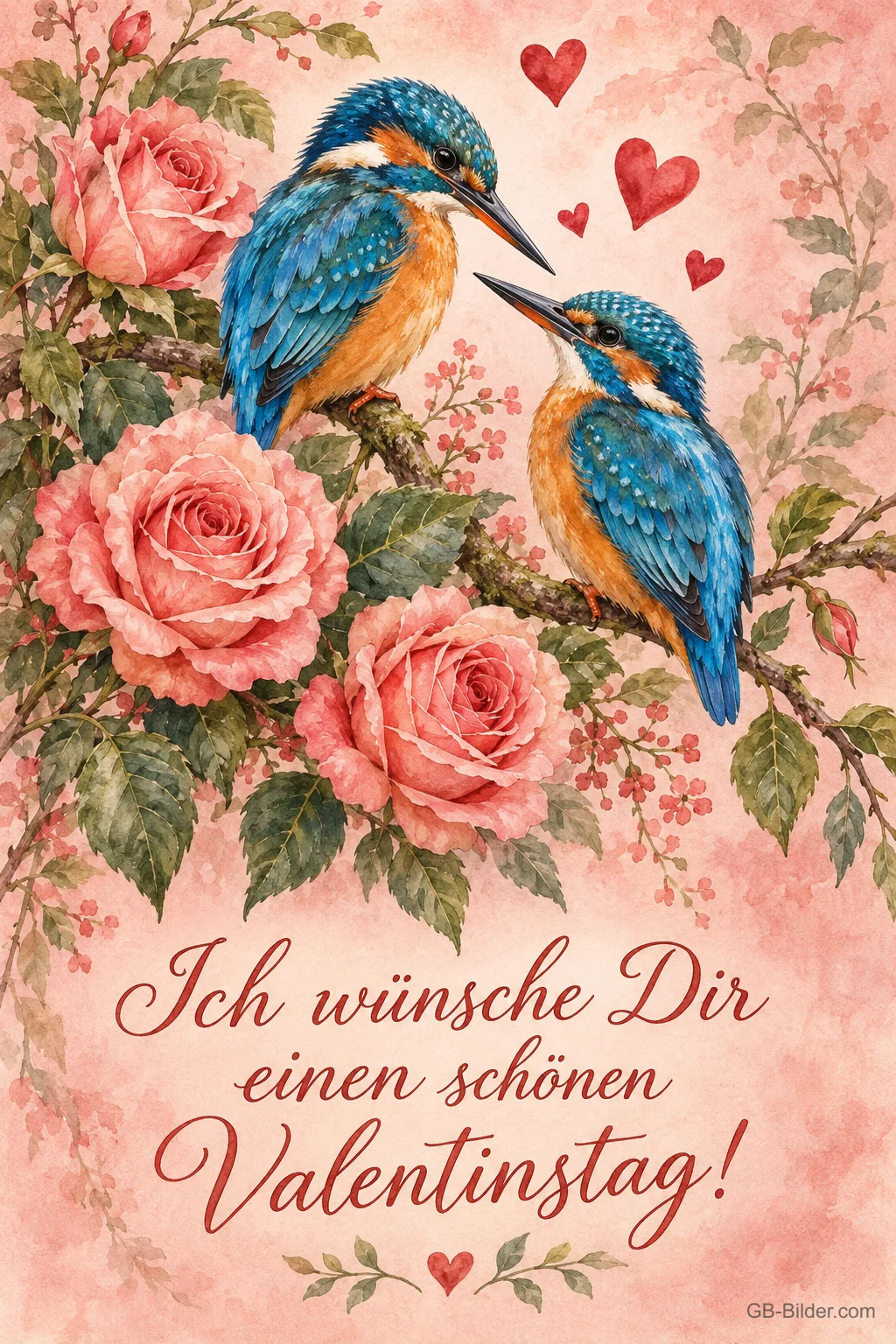 Zwei Eisvögel auf einem Rosenzweig, Text: Ich wünsche Dir einen schönen Valentinstag!