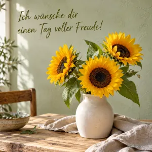 Sonnenblumen in einer weißen Vase, Text: Ich wünsche dir einen Tag voller Freude!