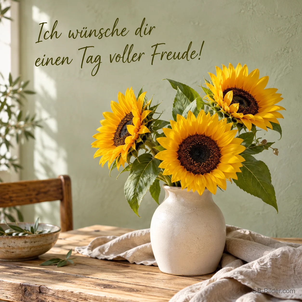 Sonnenblumen in einer weißen Vase, Text: Ich wünsche dir einen Tag voller Freude!
