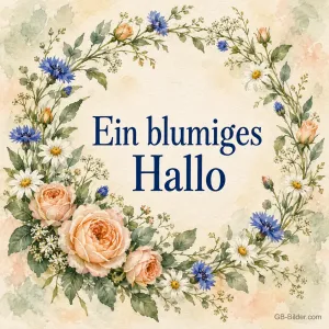 Blumenkranz in Aquarell, Text: Ein blumiges Hallo