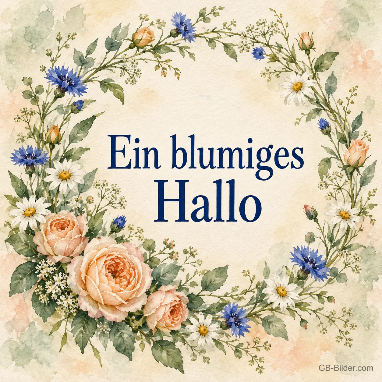 Blumenkranz in Aquarell, Text: Ein blumiges Hallo