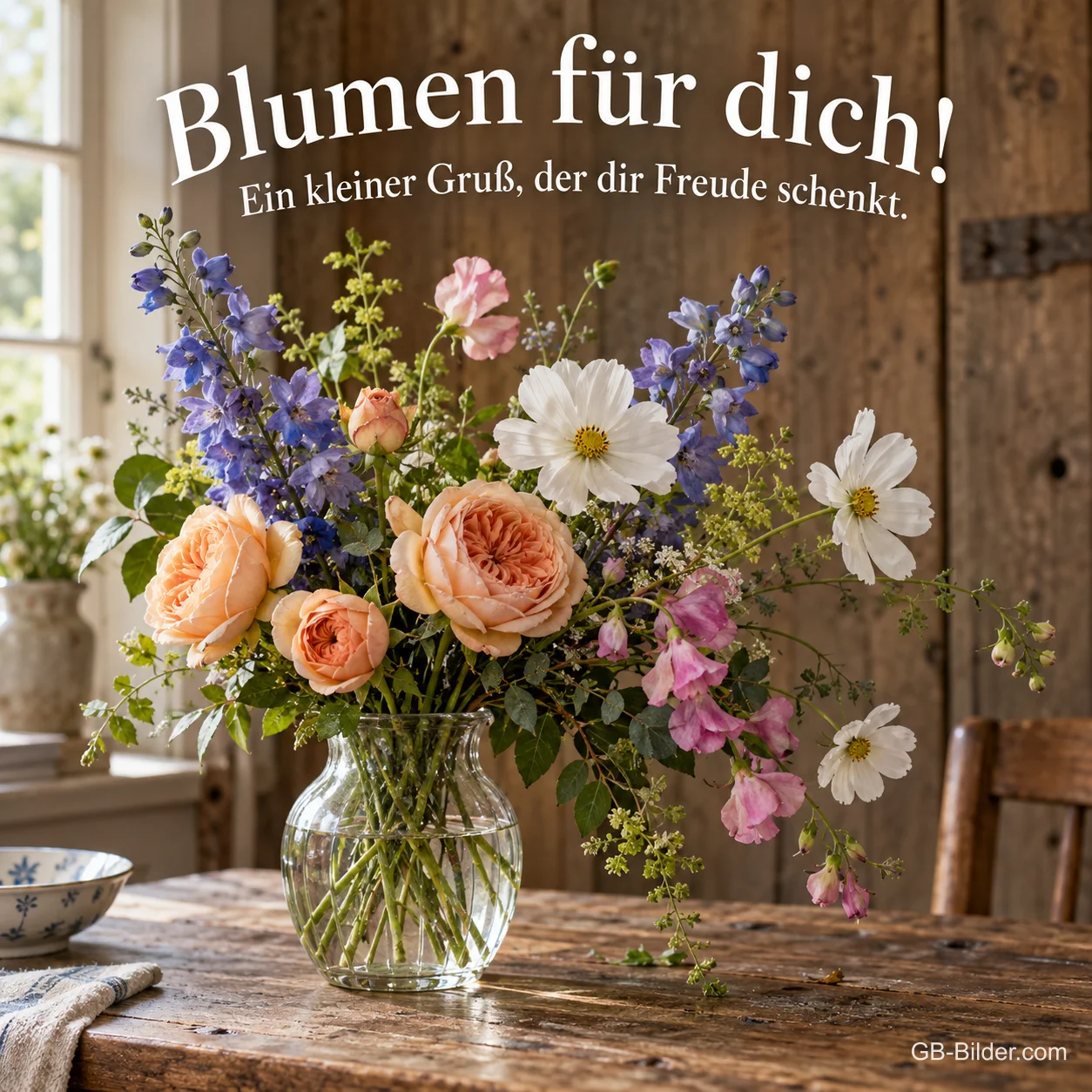 Bunter Blumenstrauß in Glasvase, Text: Blumen für dich! Ein kleiner Gruß, der dir Freude schenkt.