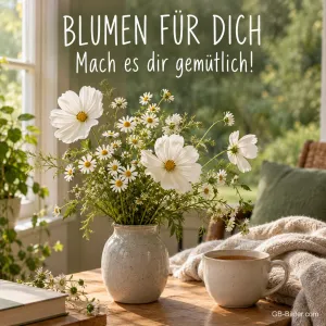 Margeriten in einer Vase neben Teetasse, Text: Blumen für dich – Mach es dir gemütlich!