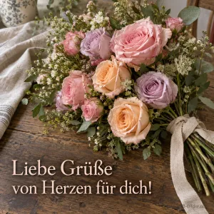 Rosenstrauß mit Schleife auf Holz, Text: Liebe Grüße von Herzen für dich!