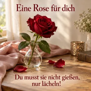 Rote Rose in kleiner Glasvase, Text: Eine Rose für dich – Du musst sie nicht gießen, nur lächeln!