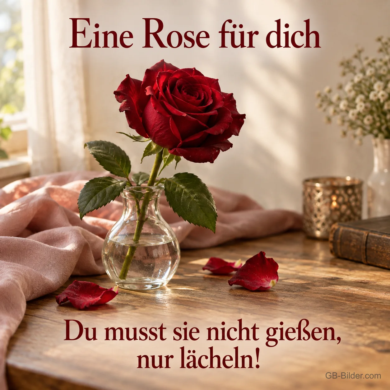 Rote Rose in kleiner Glasvase, Text: Eine Rose für dich – Du musst sie nicht gießen, nur lächeln!