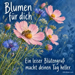 Biene auf Schmuckkörbchen in Aquarell, Text: Blumen für dich – Ein leiser Blütengruß macht deinen Tag heller.