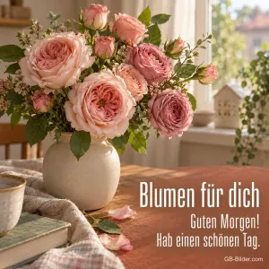Rosa Rosen in einer Vase, Text: Blumen für dich – Guten Morgen! Hab einen schönen Tag.