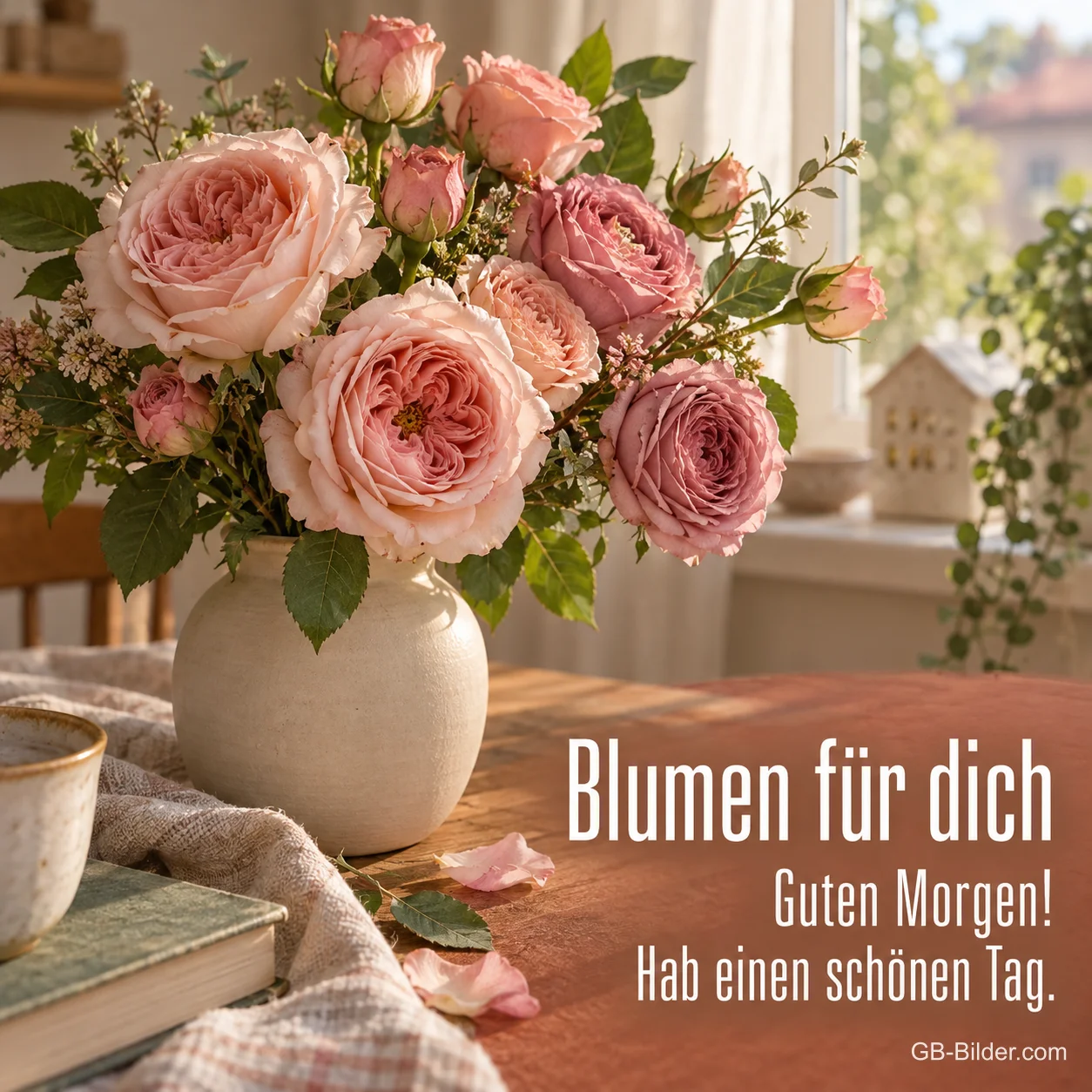 Rosa Rosen in einer Vase, Text: Blumen für dich – Guten Morgen! Hab einen schönen Tag.