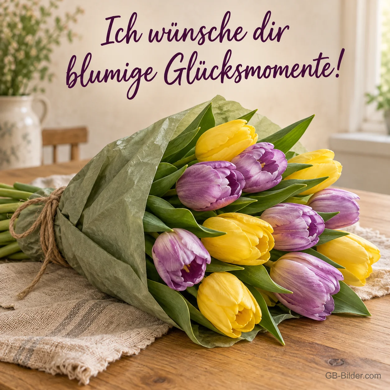 Strauß lila und gelber Tulpen, Text: Ich wünsche dir blumige Glücksmomente!