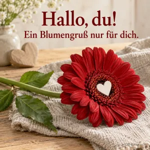 Rote Gerbera mit Holzherz, Text: Hallo, du! Ein Blumengruß nur für dich.