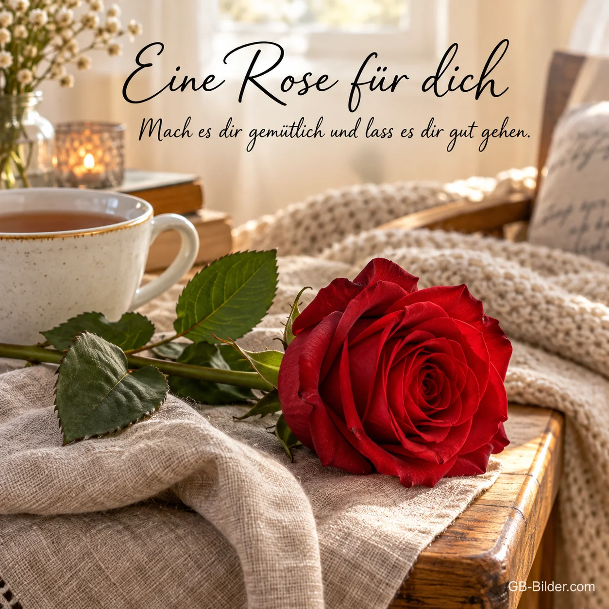 Rote Rose auf Strickdecke neben Teetasse, Text: Eine Rose für dich – Mach es dir gemütlich.
