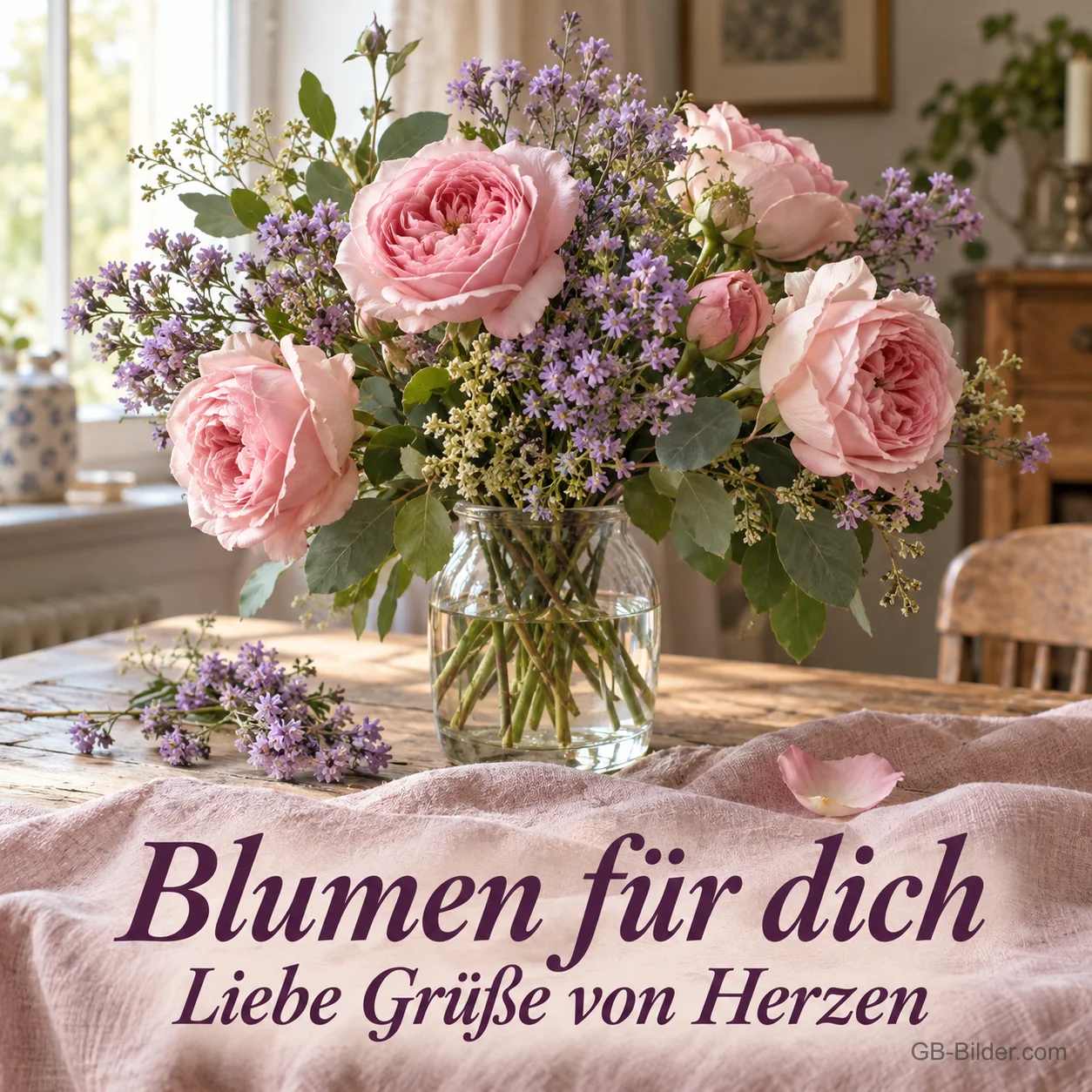 Rosa Rosen und Flieder in Glasvase, Text: Blumen für dich – Liebe Grüße von Herzen