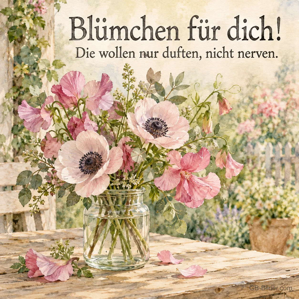 Anemonen und Wicken im Glas, Text: Blümchen für dich! Die wollen nur duften, nicht nerven.