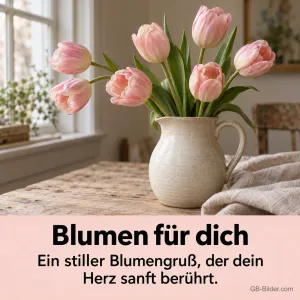 Rosa Tulpen im Keramikkrug, Text: Blumen für dich – Ein stiller Blumengruß
