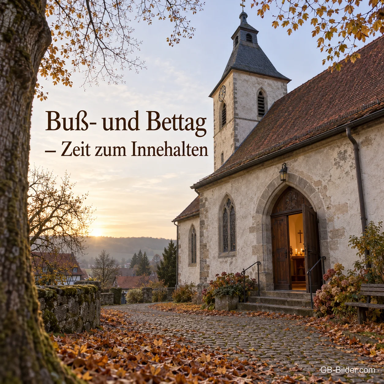Eine Dorfkirche steht an einem Herbstmorgen mit offener, warm beleuchteter Tür zwischen buntem Laub, Text: Buß- und Bettag – Zeit zum Innehalten