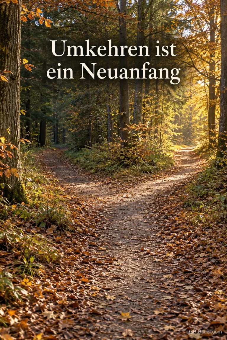 Ein herbstlicher Waldweg führt durch goldenes Licht, der Boden ist mit Laub bedeckt, Text: Umkehren ist ein Neuanfang