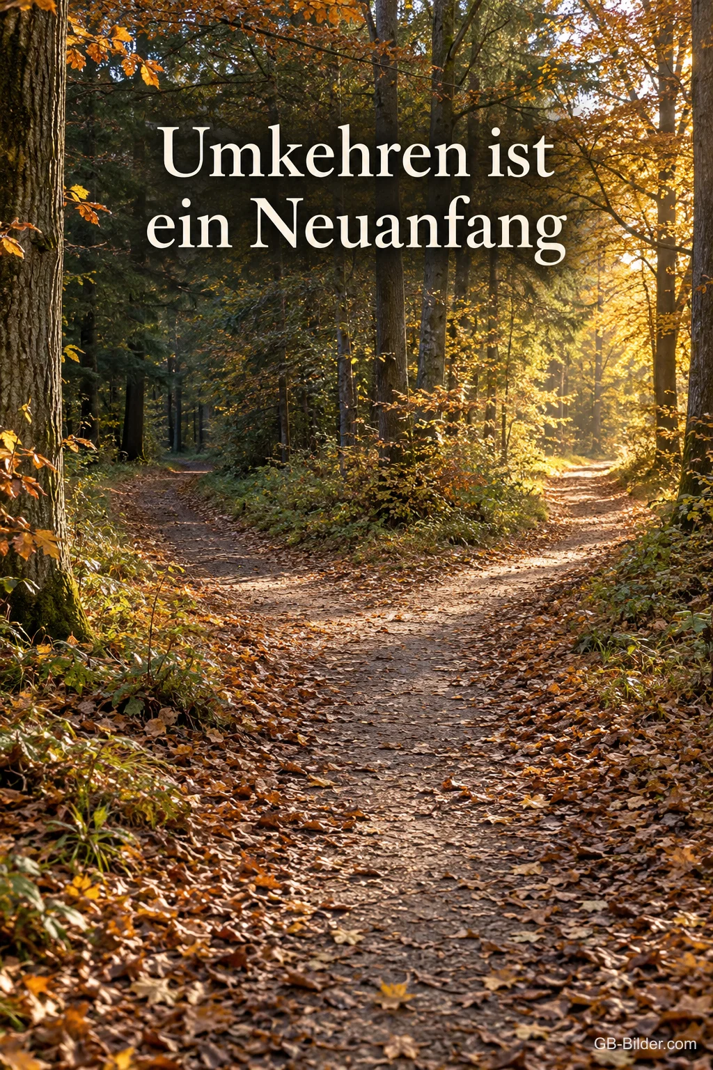 Ein herbstlicher Waldweg führt durch goldenes Licht, der Boden ist mit Laub bedeckt, Text: Umkehren ist ein Neuanfang Ein herbstlicher Waldweg führt durch goldenes Licht, der Boden ist mit Laub bedeckt, Text: Umkehren ist ein Neuanfang