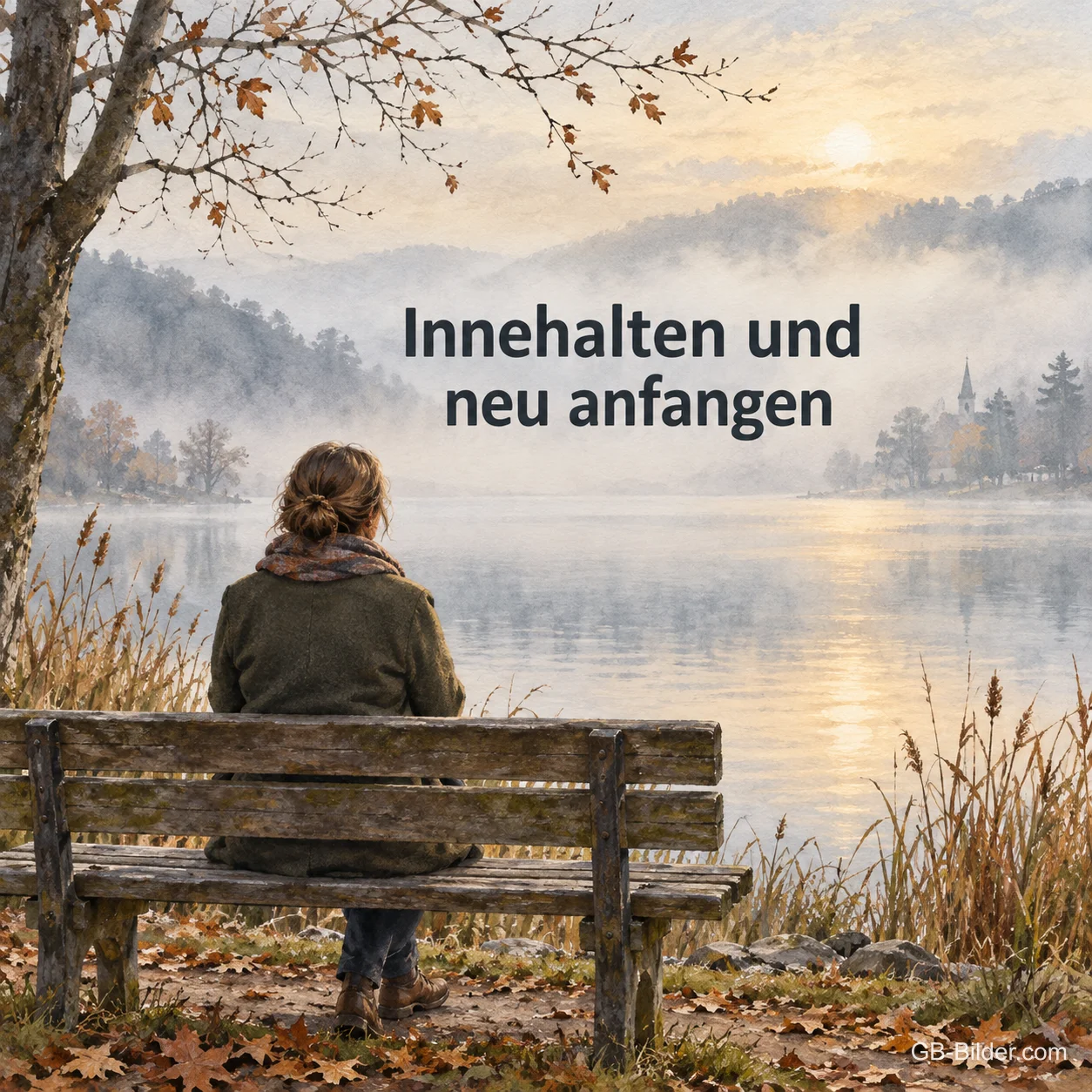 Eine Frau sitzt auf einer Bank am nebligen See und schaut im Novemberlicht auf das Wasser, Text: Innehalten und neu anfangen