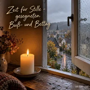 Eine Kerze brennt an einem offenen Fenster, draußen fällt Regen auf ein kleines Dorf, Text: Zeit für Stille – gesegneten Buß- und Bettag